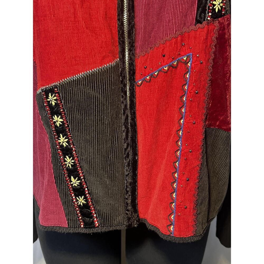 Crazy Horse Sweater Womens XL Black Red Patchwork Corduroy Velvet Zip Cardigan - Picture 7 of 12